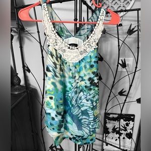 B-Wear Byer California blue floral print crochet trim tank top